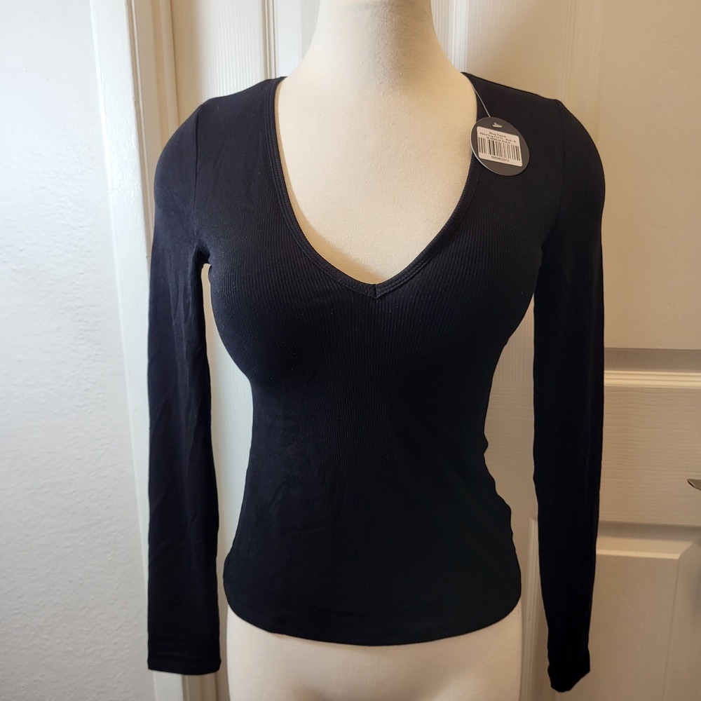 Klassy Network Deep V Neck Ribbed Long Sleeve Black Built in Bra Padded -Medium